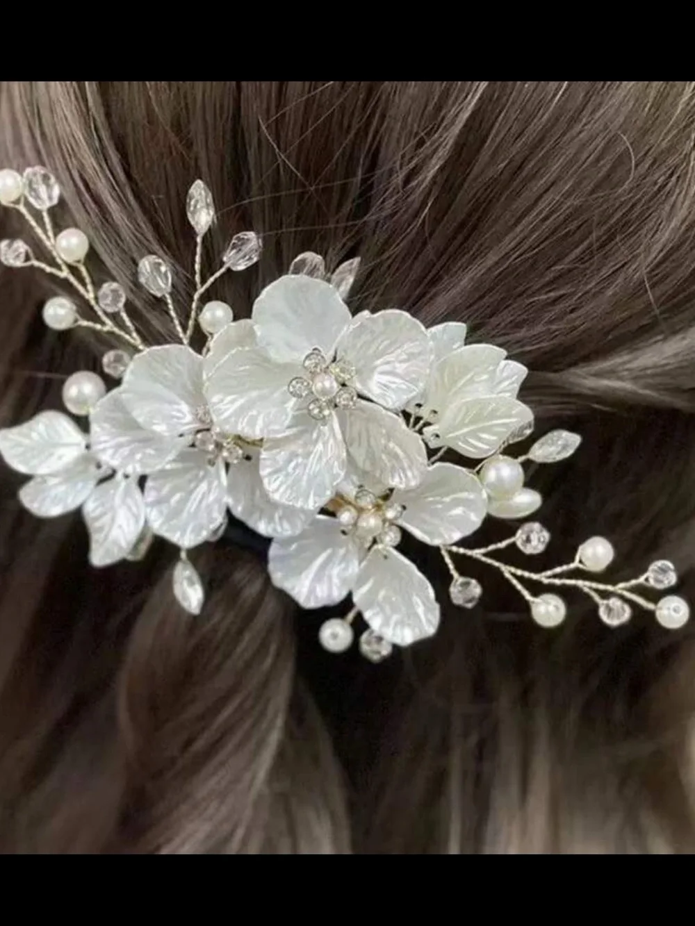 Silver Floral Hair Pin with Pearls and Crystals - Women Accessories
